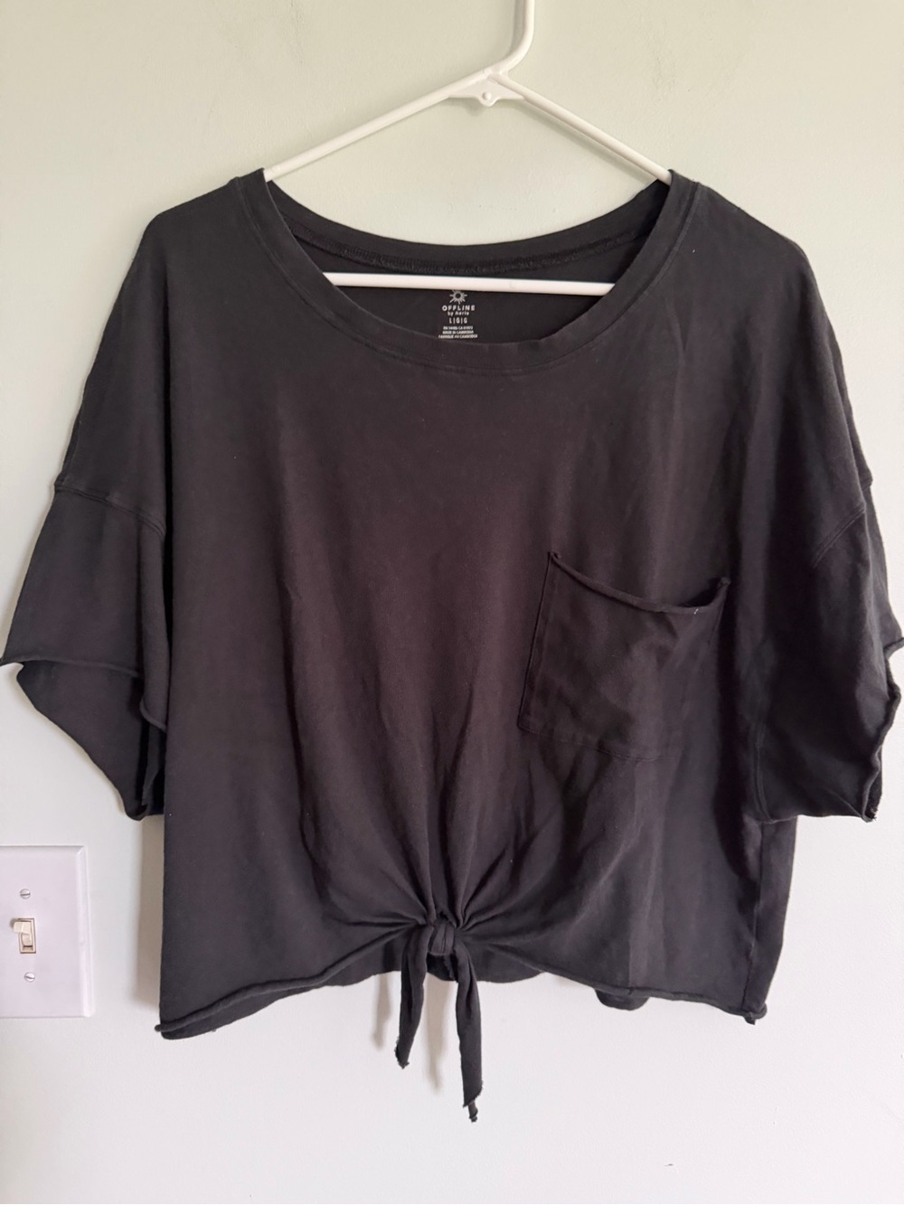 Aerie Offline Cropped Washed Black Tie-Front Pocket Tee - Women